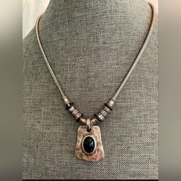 Jewelry - Chico's Black Stone Square Silvertone Pendant